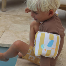 Load image into Gallery viewer, Kids Neoprene Arm Bands Sid the Seagull Mustard Stripe