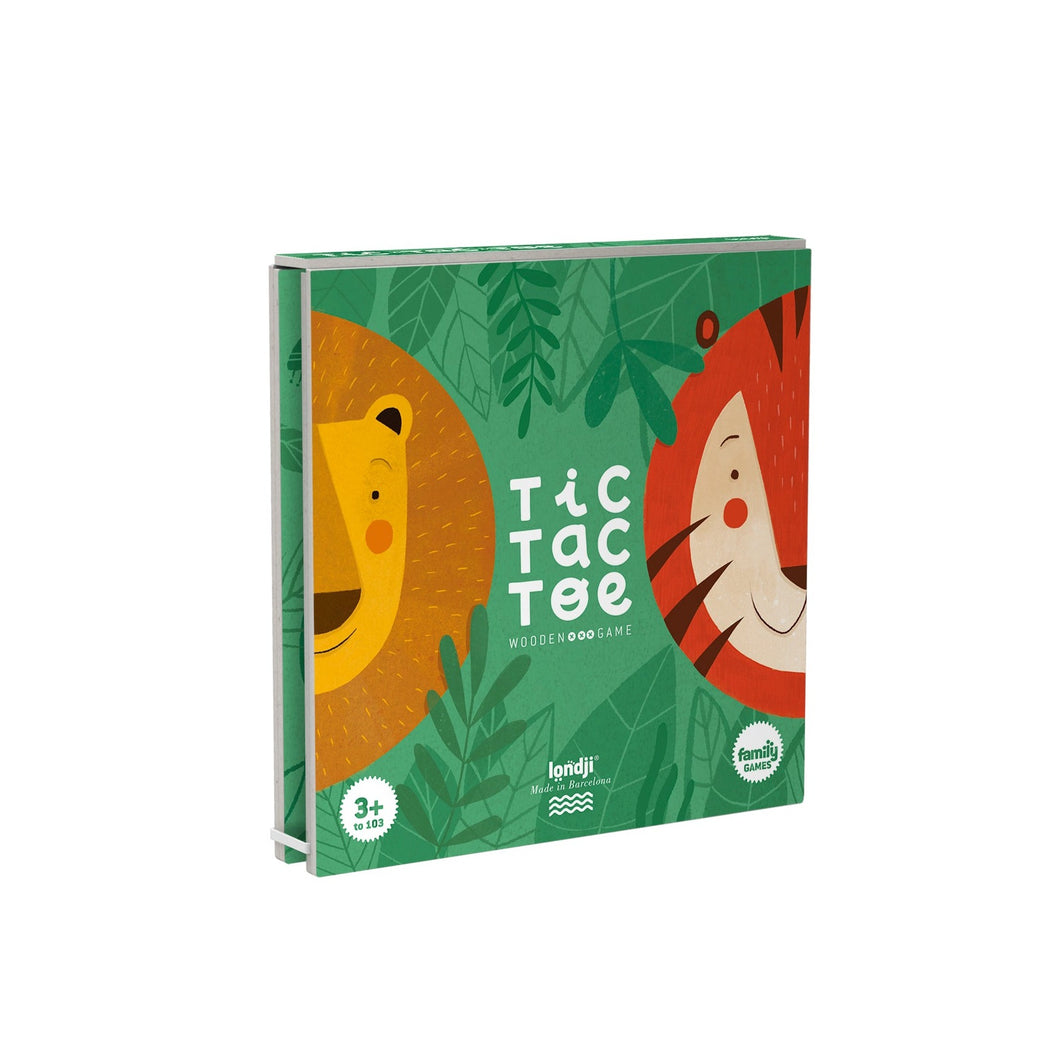 Lion and Tiger Tic Tac Toe by Londji: An exciting twist on the classic game featuring adorable wooden lion and tiger playing pieces. Join the jungle fun and see who will be the King of the Jungle in this traditional three-in-a-row game. Perfect for little explorers. Made with eco-friendly materials - nine beech wood pieces and a recycled game board. Ideal for family-friendly playtime.