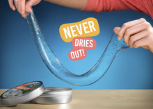 Load image into Gallery viewer, Liquid Glass Putty being stretched by hands with 'Never Dries Out!' text on a blue background
