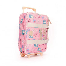 Load image into Gallery viewer, Side view of the JoJo Factory Song children's suitcase with pink music-inspired print and carry handle.
